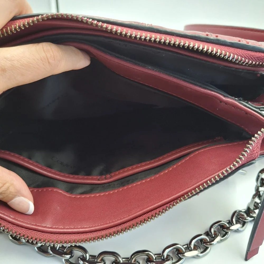 Calvin‎ Klein Crossbody Bag Burgundy Wine Mixed Media Embossed CK Logo Chain
